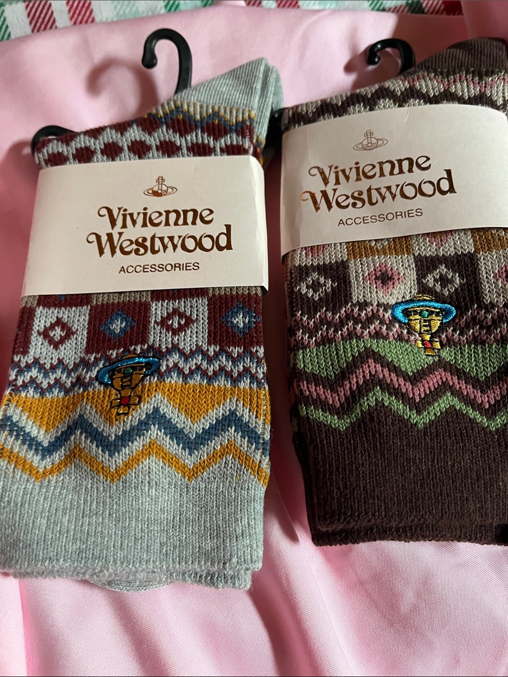 Vivienne Westwood Multi-Pattern Crew Socks in Gray, Brown & Mustard